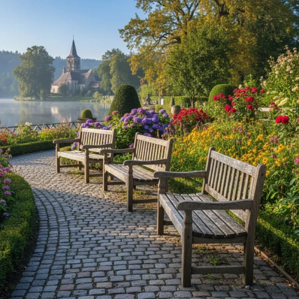 Sturdy wooden benches in an outdoor park setting, showcasing natural wood grain and durable construction.