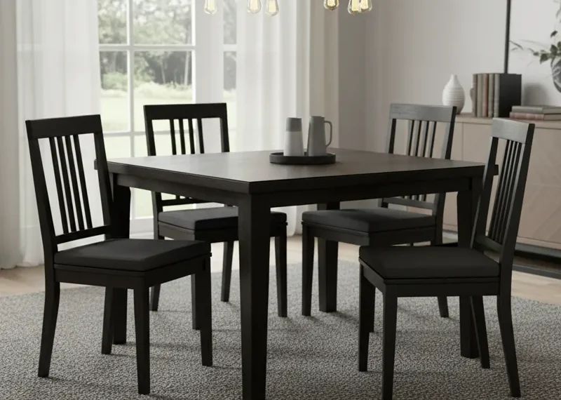 Sleek wood black dining chairs with a modern design, perfect for a contemporary dining room. Features dark wooden frames and minimalist aesthetics.