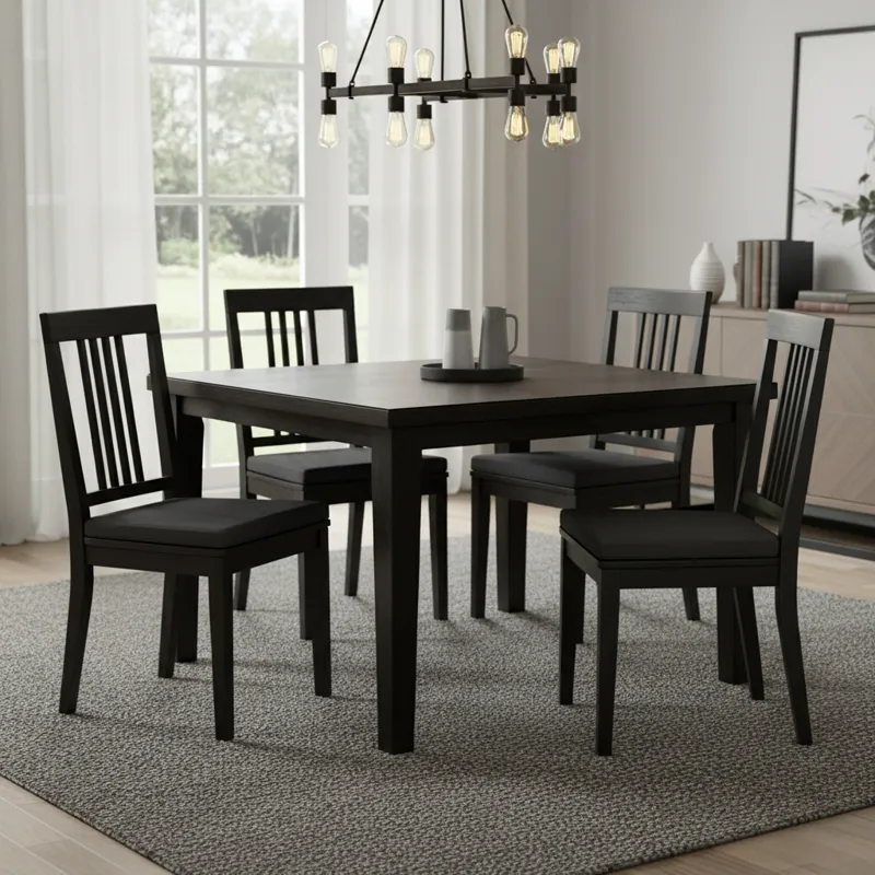 Sleek wood black dining chairs with a modern design, perfect for a contemporary dining room. Features dark wooden frames and minimalist aesthetics.