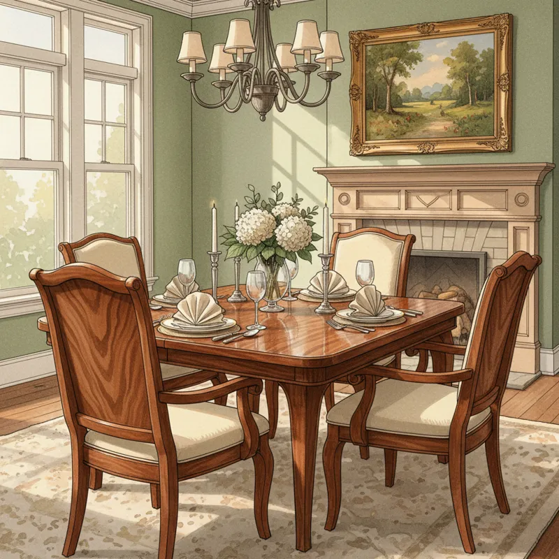 A beautifully set wood dining room table with four matching captain chairs, showcasing rich wood grain and comfortable upholstery, in a well-lit dinin