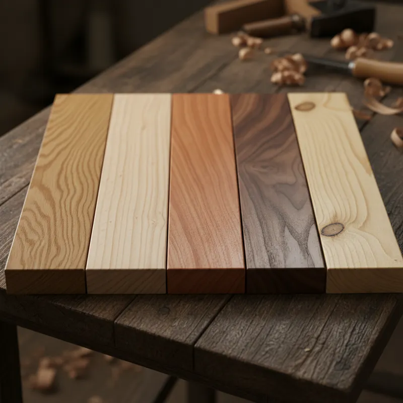 A detailed close-up showing different types of wood samples (oak, maple, cherry, walnut, pine) with labels, highlighting their distinct grain patterns