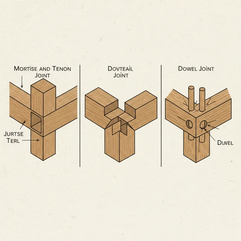 A diagram illustrating different furniture joinery techniques like mortise and tenon, dovetail, and dowel joints, with emphasis on sturdy construction