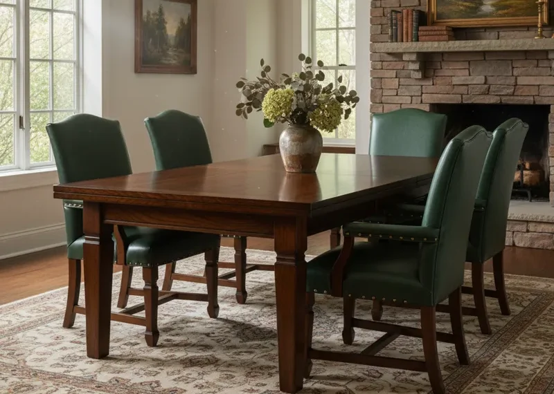 Solid wood dining room table with a smooth, natural finish, accompanied by two matching wooden captain chairs featuring armrests and upholstered seats.