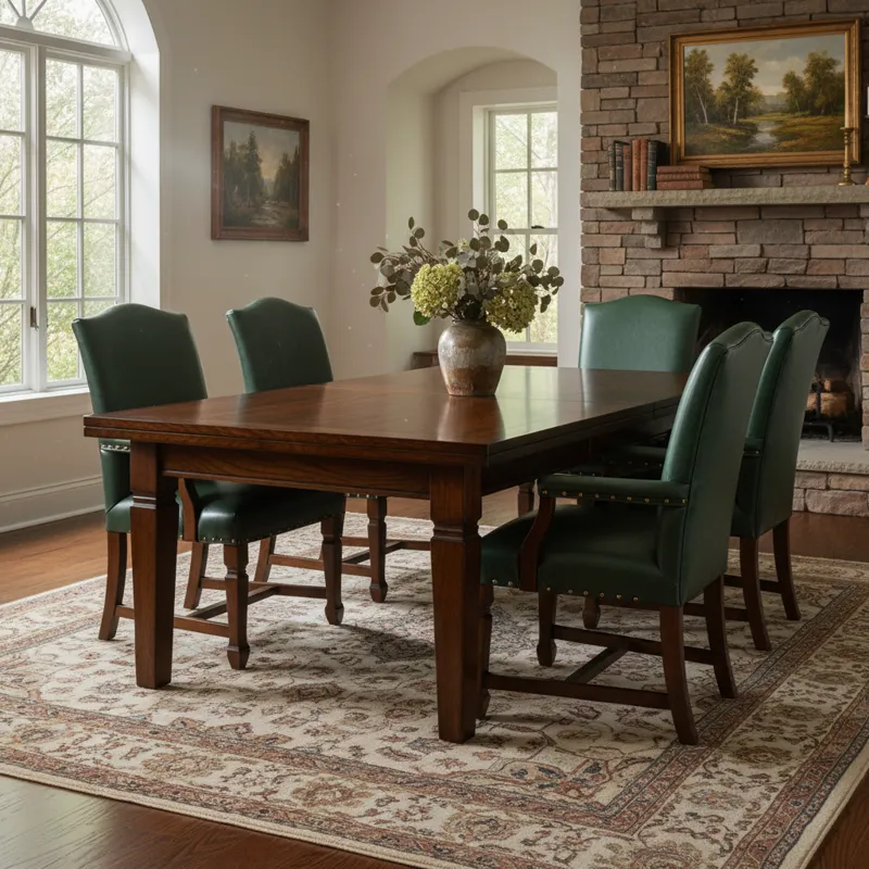 Solid wood dining room table with a smooth, natural finish, accompanied by two matching wooden captain chairs featuring armrests and upholstered seats.