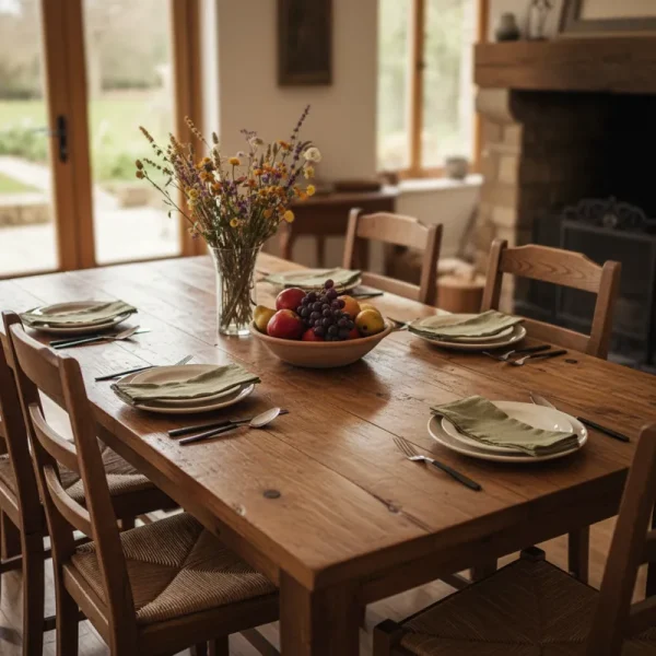 Beautiful solid wood dining table with a smooth finish, showcasing natural wood grain and sturdy construction.
