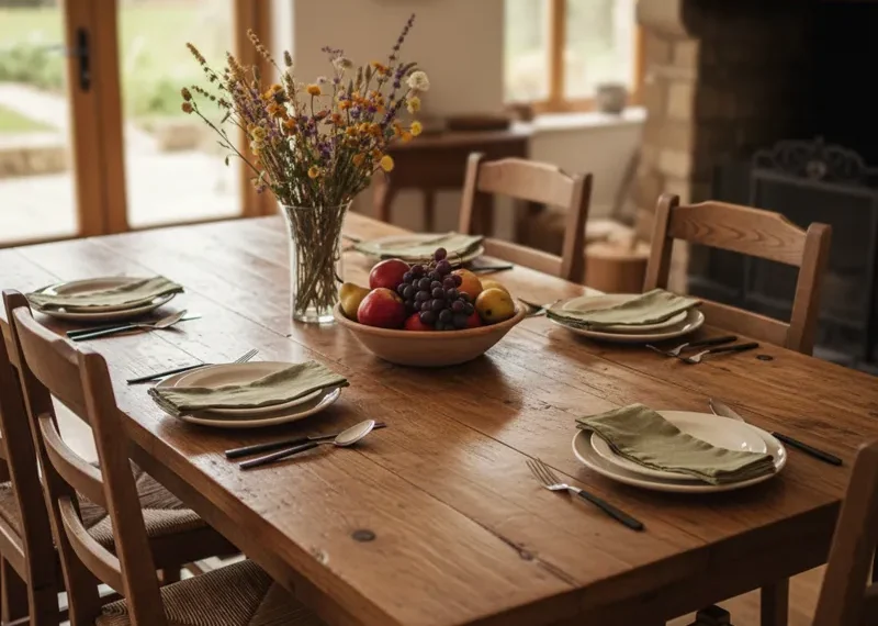 Beautiful solid wood dining table with a smooth finish, showcasing natural wood grain and sturdy construction.