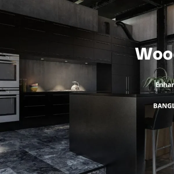 A sleek, dark modern kitchen design featuring black cabinetry, integrated stainless steel appliances, and a prominent industrial-style kitchen hood (advertised as 'Wood Kitchen Hood'). The space includes a large island with bar seating and dark floor tiles, promoting enhanced cooking space designs.
