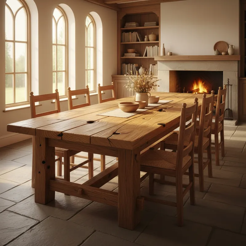 A warm, inviting dining room featuring a large, rustic wood plank dining table with natural light streaming in. The table is made of thick, solid wood