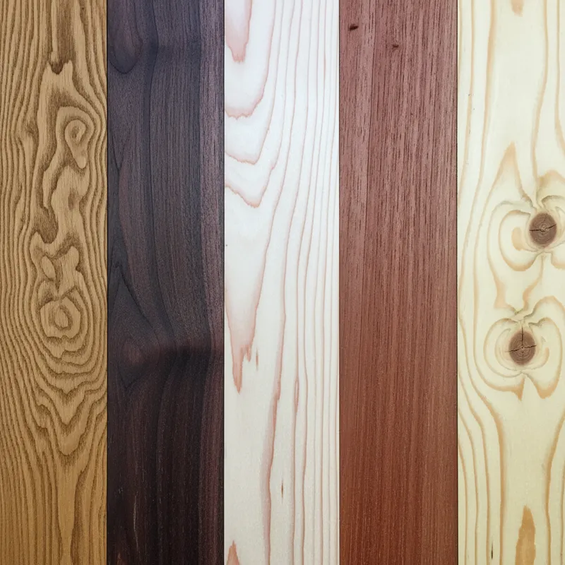 A detailed close-up shot of several different types of raw wood planks side-by-side, clearly showing the distinct grain patterns and colors of oak, wa