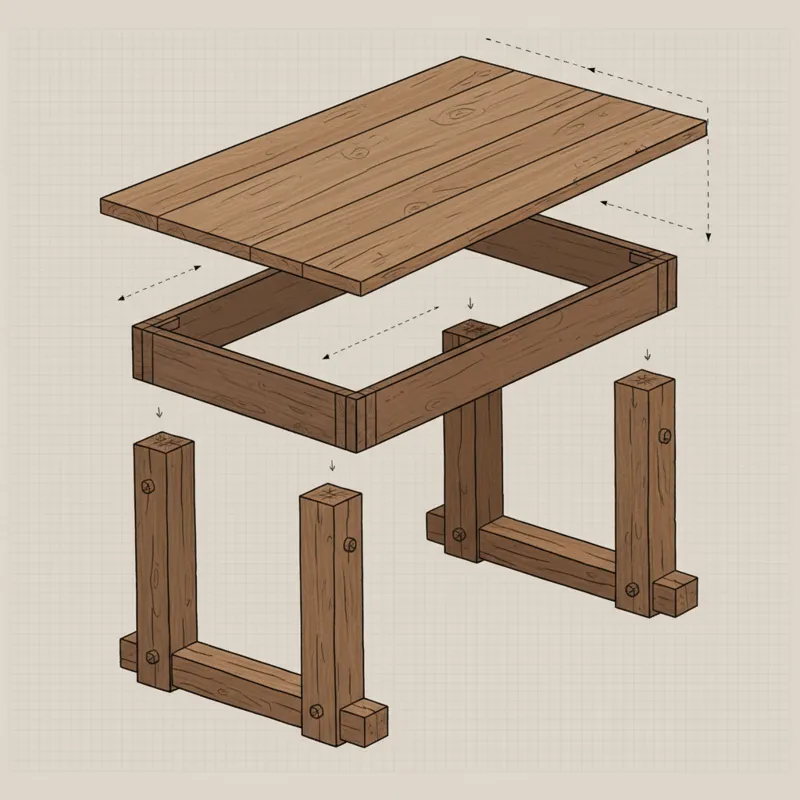 An exploded view diagram of a wood plank dining table showing the different components: individual planks for the tabletop, the underlying support str