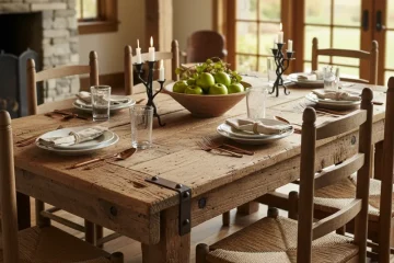 Close-up of a solid wood plank dining table, showcasing natural grain and sturdy construction, suitable for rustic, farmhouse, or modern dining room styles.