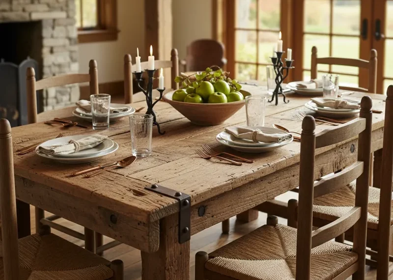 Close-up of a solid wood plank dining table, showcasing natural grain and sturdy construction, suitable for rustic, farmhouse, or modern dining room styles.