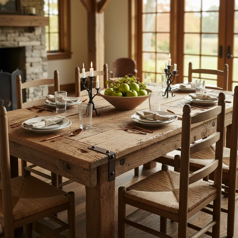 Close-up of a solid wood plank dining table, showcasing natural grain and sturdy construction, suitable for rustic, farmhouse, or modern dining room styles.