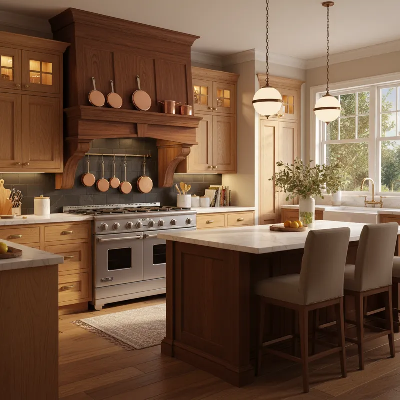 A beautifully designed kitchen with a prominent, custom wood range hood cover above a professional-style range, acting as a focal point. The kitchen f