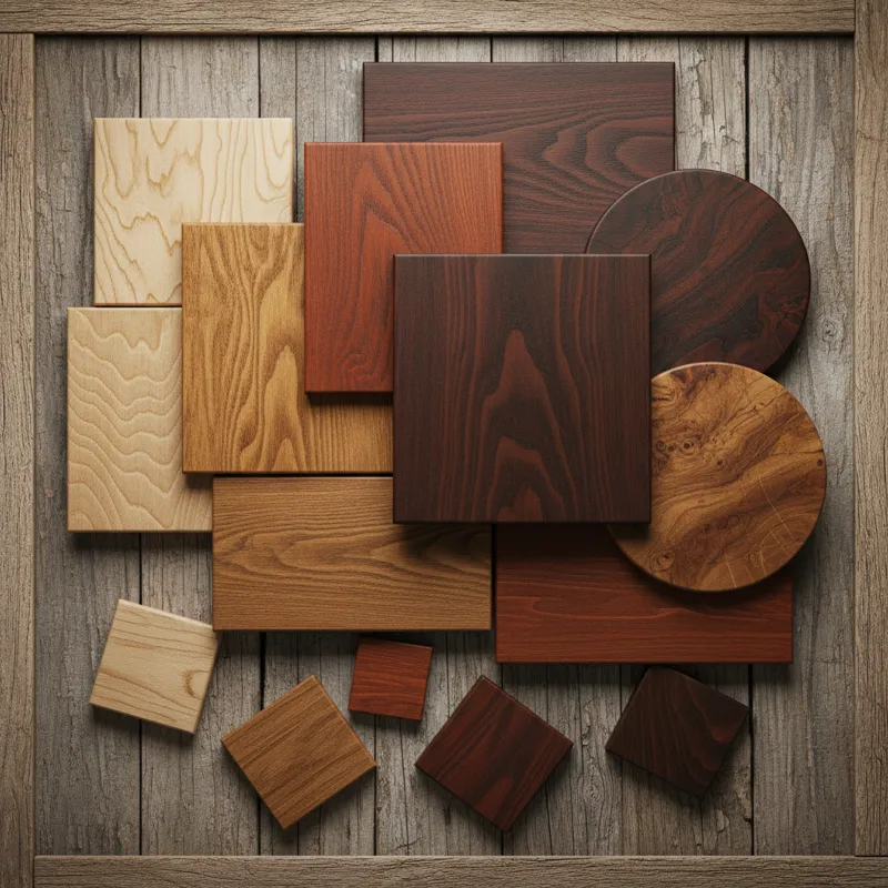 A collage displaying various wood samples like oak, maple, cherry, and walnut, showing their distinct grain patterns and natural colors. Some samples