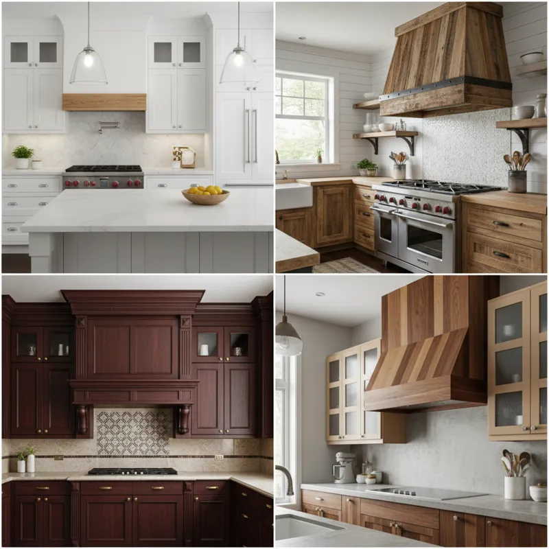 A montage showing four distinct kitchen styles: a modern kitchen with a sleek, minimalist wood range hood; a farmhouse kitchen with a rustic, distress