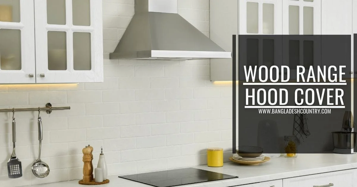 Modern white kitchen with shaker cabinets, stainless steel range hood, white subway tile backsplash, and black induction cooktop. The image text promotes 'WOOD RANGE HOOD COVER'.