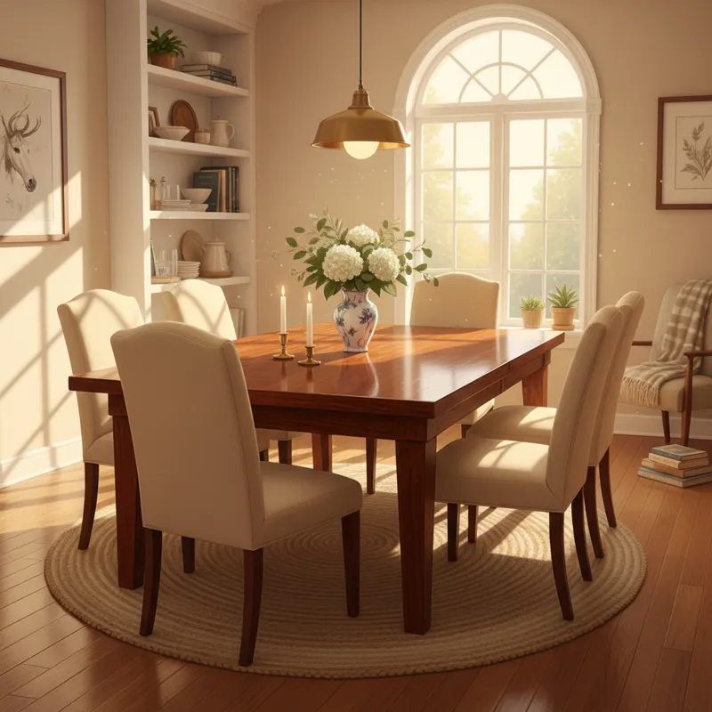 A warm, inviting dining room featuring a robust, beautifully finished solid wood dining table as the centerpiece, surrounded by elegant dining chairs.