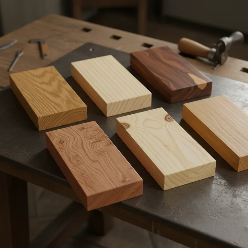A detailed close-up display of various wood samples, clearly labeled for different types like oak, maple, walnut, cherry, pine, and teak, showing thei