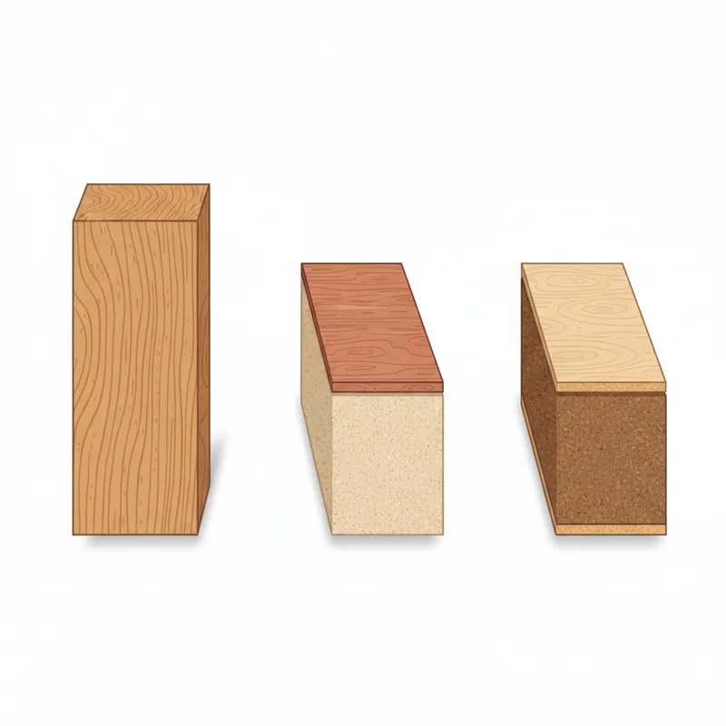 An infographic-style image illustrating the cross-sections of solid wood, wood veneer, and engineered wood (like MDF or particleboard with a laminate)