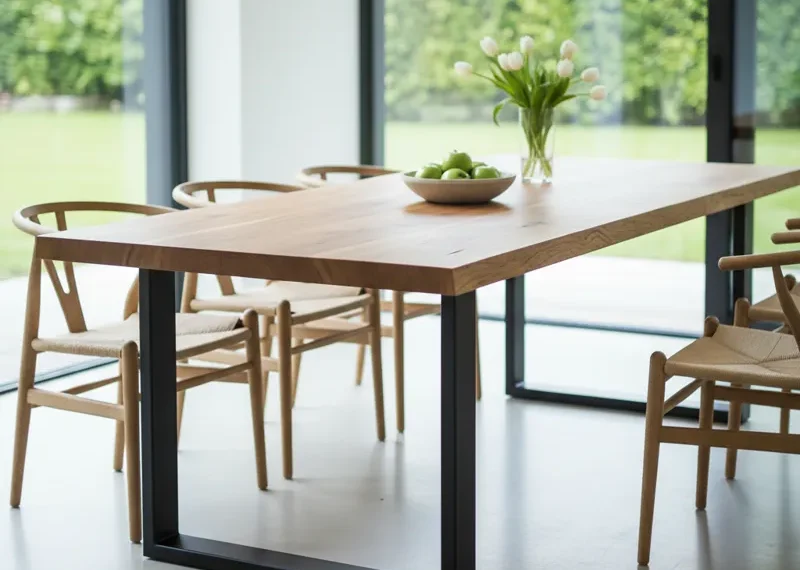 Modern wood table with a light-colored wooden tabletop and sleek black metal legs, suitable for dining or workspace.