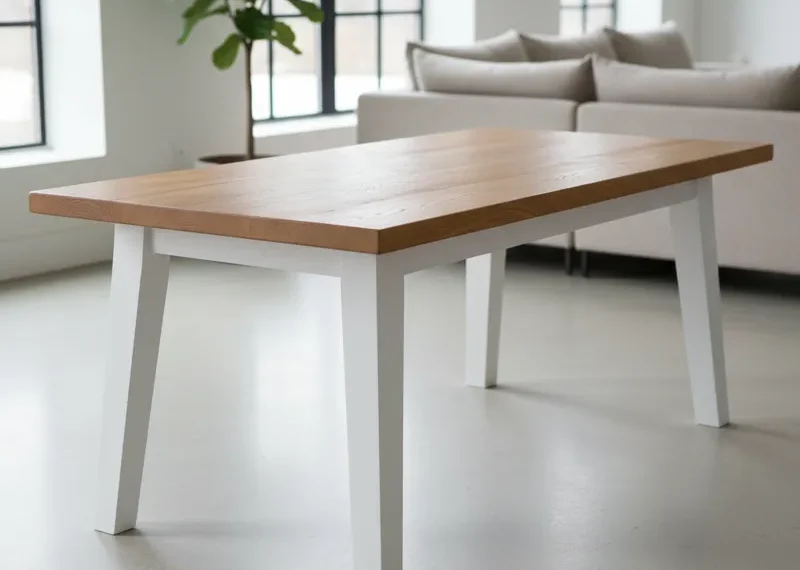 Close-up of a rustic wood table with clean white painted legs, showcasing a modern farmhouse style.