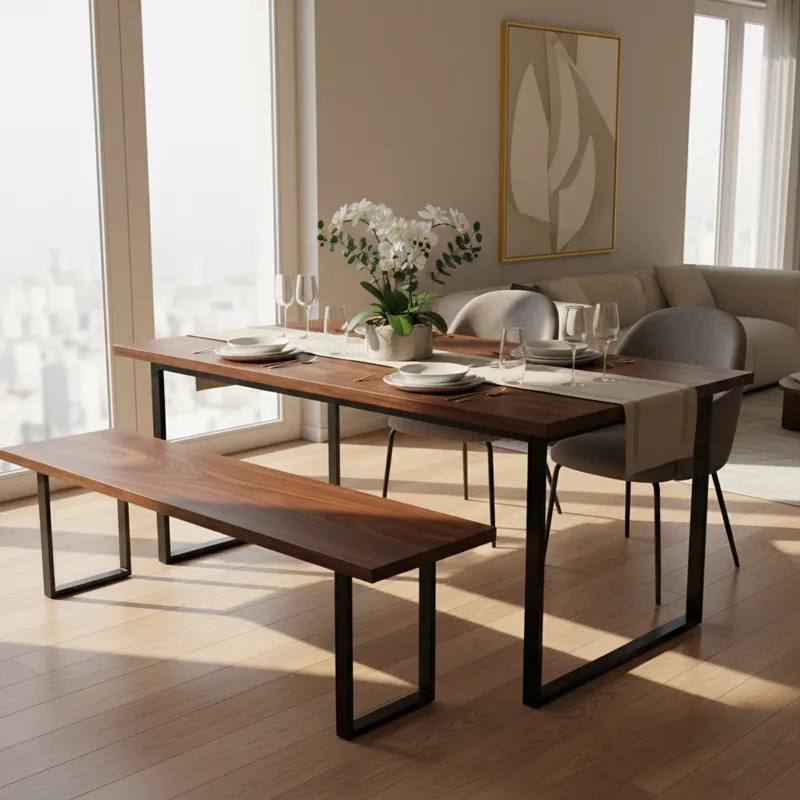 A beautifully set modern dining table with a sleek, solid wood dining bench on one side and two chairs on the other. Natural light fills the room, hig