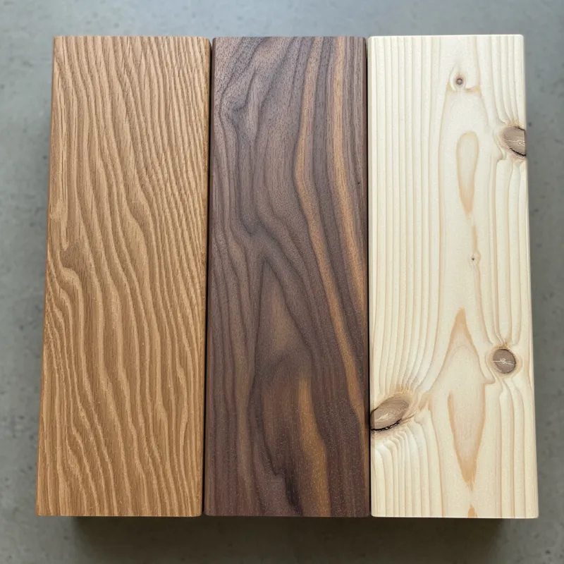 A detailed close-up of different wood types, showing the distinct grains and finishes of oak, walnut, and pine side-by-side, with labels indicating ea