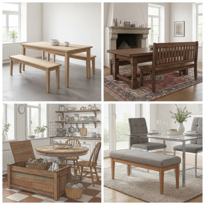 A collage of four different wooden dining bench styles: a long backless bench in a minimalist setting, a bench with a backrest in a traditional dining