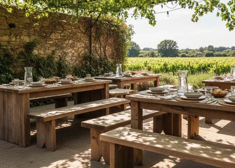 Rustic wooden dining benches, solid wood kitchen table seating, farmhouse dining room furniture.