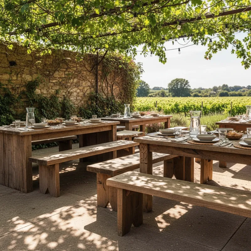 Rustic wooden dining benches, solid wood kitchen table seating, farmhouse dining room furniture.