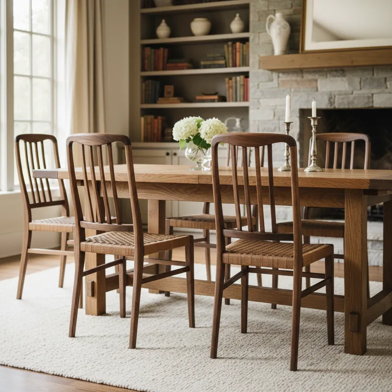 Solid wooden dining room chairs with a natural wood finish, featuring a classic design suitable for various dining spaces.