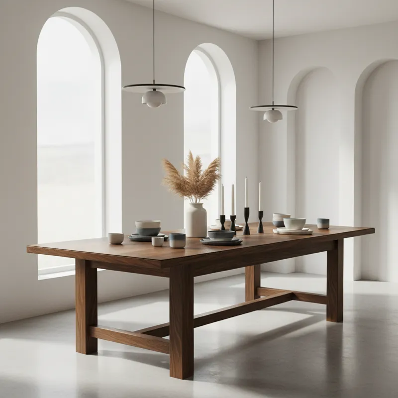 A beautifully restored antique wooden dining table in a modern, light-filled dining room, adorned with contemporary ceramics and a minimalist centerpi