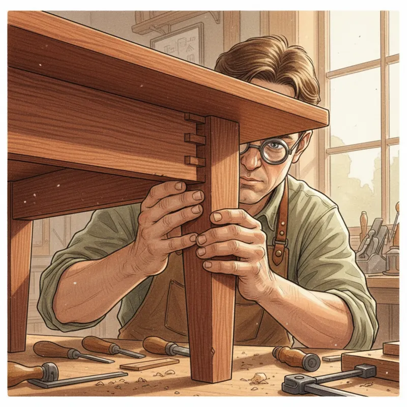 Close-up image of a skilled craftsperson examining the underside joinery of an antique wooden table, highlighting dovetail joints and solid wood const