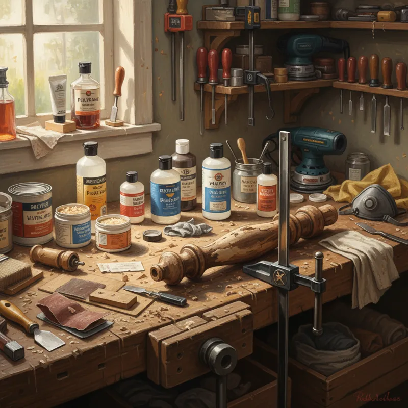 A well-organized workbench with various wood restoration tools, sandpaper, wood fillers, and different types of finishes, illustrating a DIY restorati