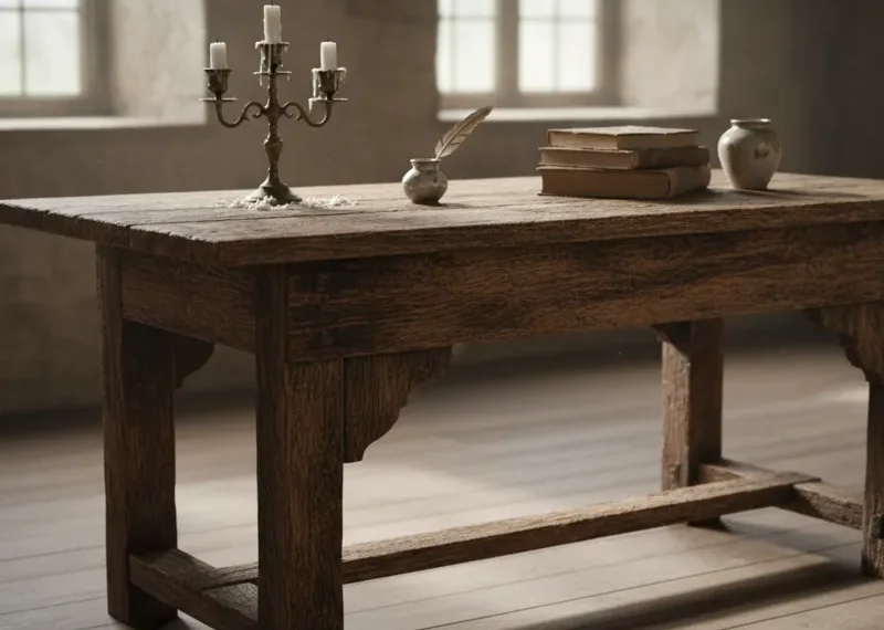 Rustic old wooden table with a weathered, textured surface and visible wood grain, showcasing vintage character.
