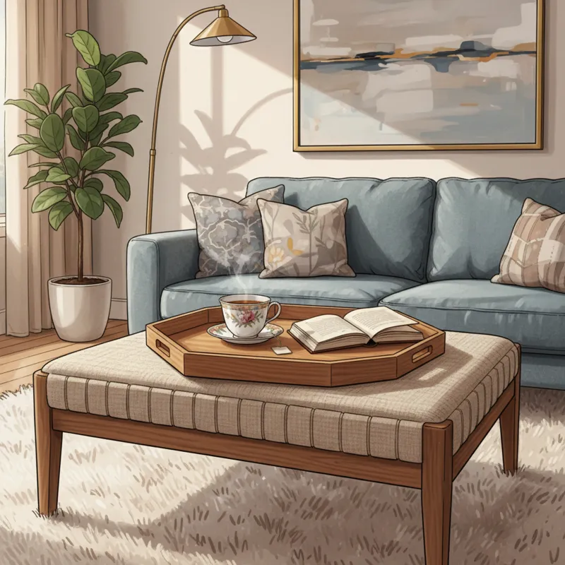 A beautifully styled living room featuring a modern wooden serving tray on an ottoman, holding a teacup and a book.