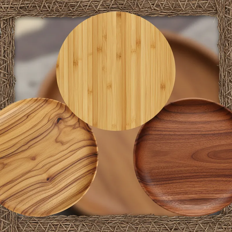 A collage of three close-up images showing the distinct grain patterns of acacia, bamboo, and teak wood used in serving trays.