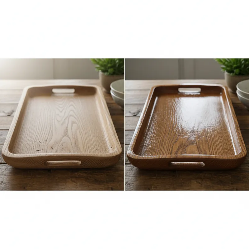 A side-by-side comparison image of two wooden serving trays: one with a natural, unsealed finish and another with a smooth, glossy lacquer finish, hig