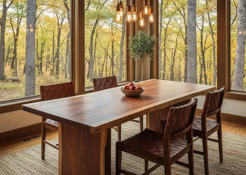 Handcrafted solid wood dining table, showcasing expert woodworking joinery, a smooth polished finish, and sturdy construction.