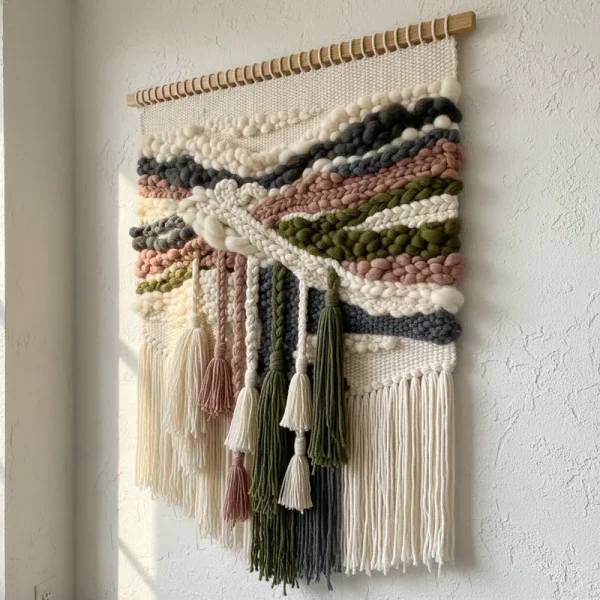 Textured wool wall art in abstract design, featuring layered natural fibers and earthy tones. Handcrafted textile art piece perfect for modern bohemian or minimalist interior decor.