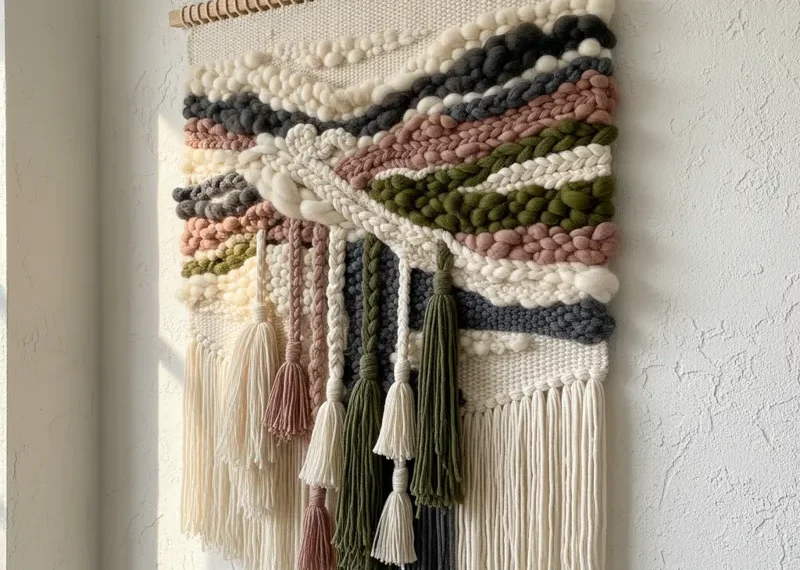 Textured wool wall art in abstract design, featuring layered natural fibers and earthy tones. Handcrafted textile art piece perfect for modern bohemian or minimalist interior decor.
