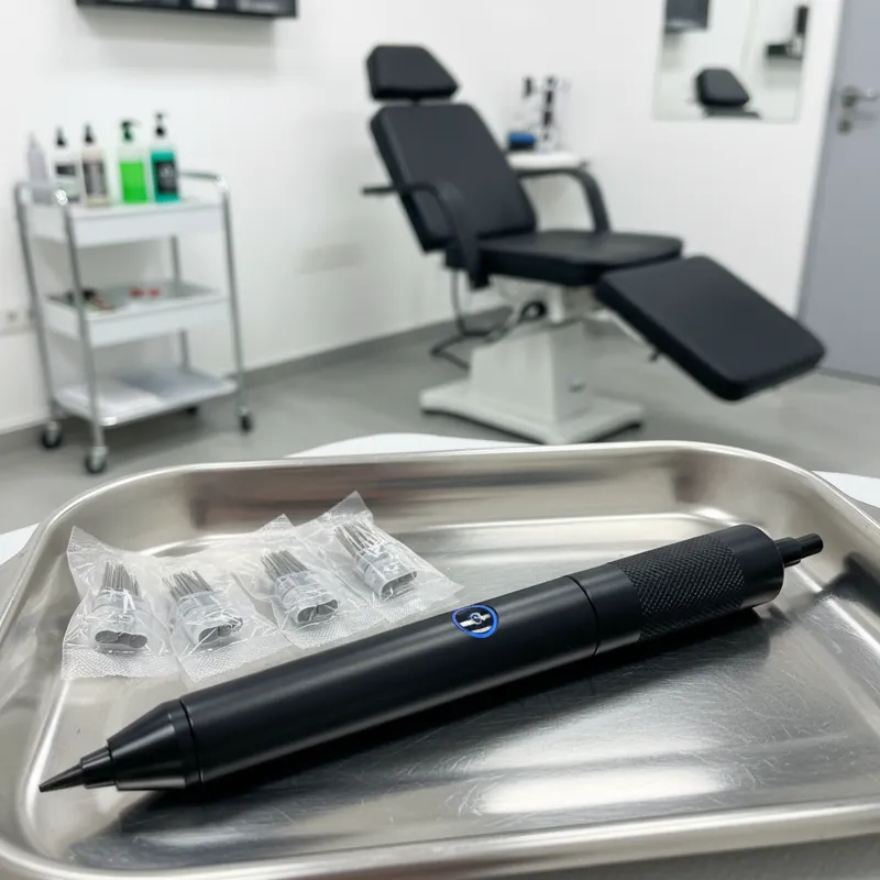 A detailed, high-angle shot of a sleek, black Wormhole Tattoo Pen resting on a clean, stainless steel tattoo tray alongside several sealed, single-use