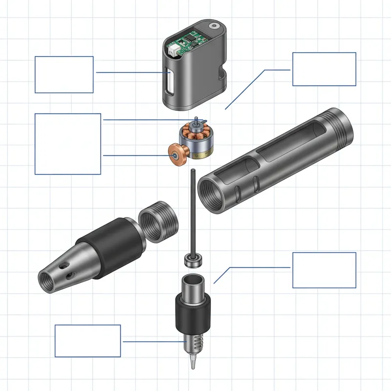 A close-up, exploded diagram of a Wormhole Tattoo Pen showing its internal components: motor, cam system, drive bar, housing, and battery pack (if wir