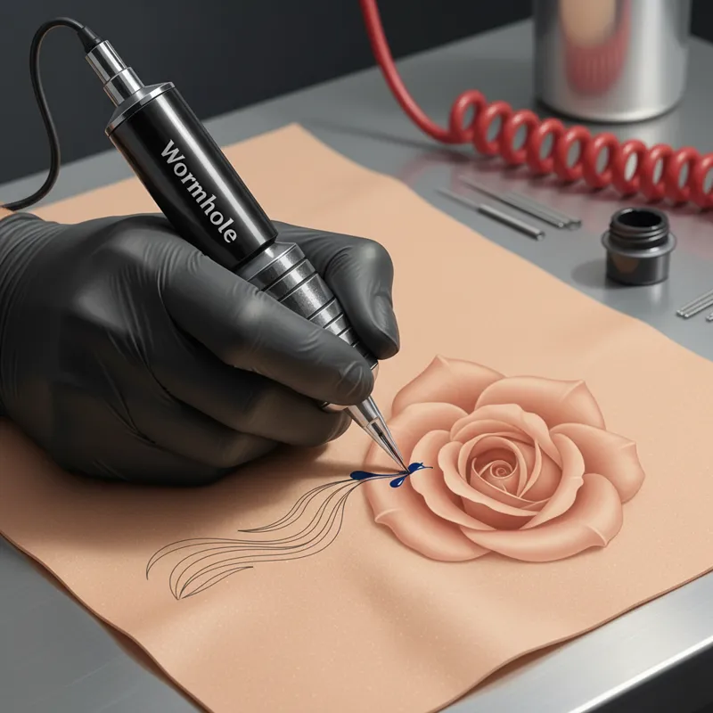 A tattoo artist's hand holding a Wormhole Tattoo Pen, demonstrating its use on synthetic skin, performing both fine line work and smooth shading. Focu