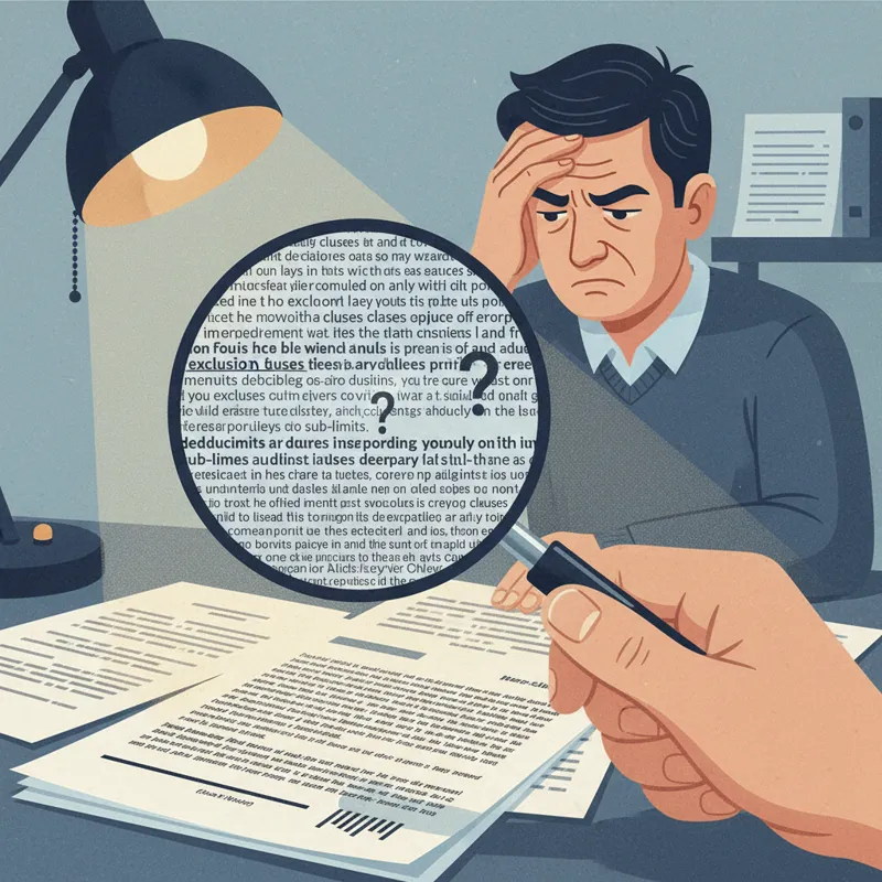 A magnifying glass hovering over a complex insurance policy document, highlighting confusing small print and terms, with a slightly distressed person