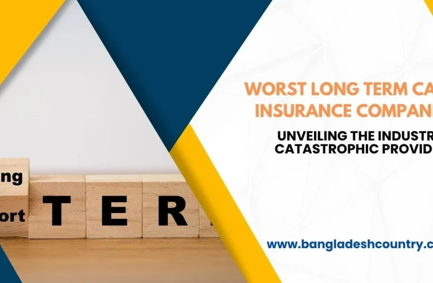 Graphic titled 'Worst Long Term Care Insurance Companies' in orange, with 'Unveiling the Industry's Catastrophic Providers' in black. It features wooden blocks spelling 'Long TER' and a geometric background with yellow, blue, and white sections.