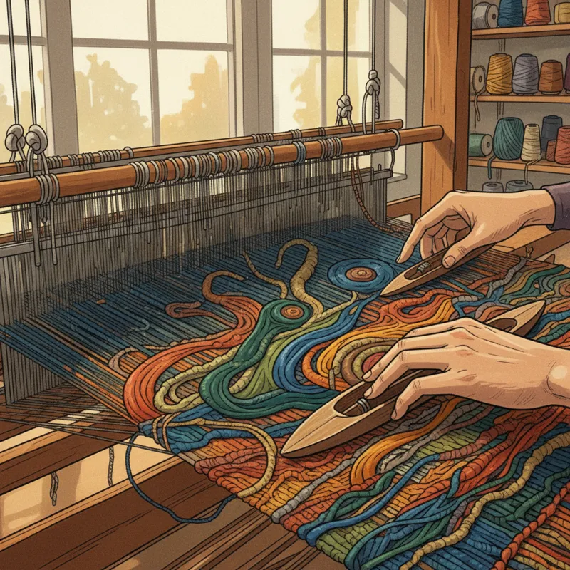 Close-up of hands working on a floor loom, intricate threads being interlaced, showcasing various textures and colors in a contemporary art piece.