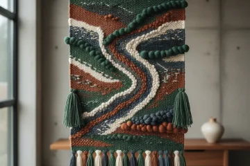 Close-up of a contemporary woven textile art piece, showcasing intricate textures, natural fibers, and a blend of earthy colors. A prime example of modern fiber art.