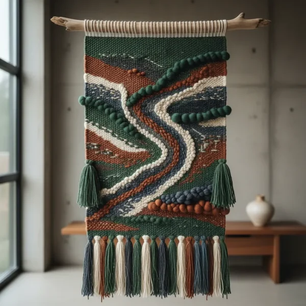 Close-up of a contemporary woven textile art piece, showcasing intricate textures, natural fibers, and a blend of earthy colors. A prime example of modern fiber art.